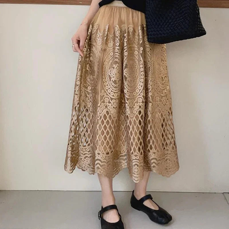 Wylla Metallic Embroidery Lace Tulle Midi Skirt