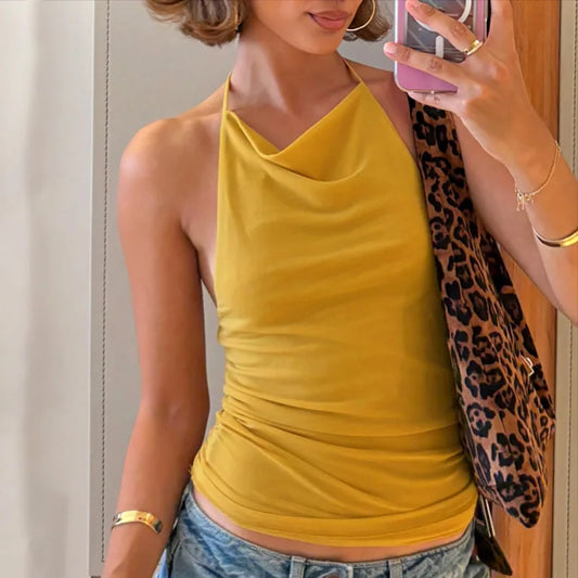 Elegant Backless Solid Mesh Sheer Top