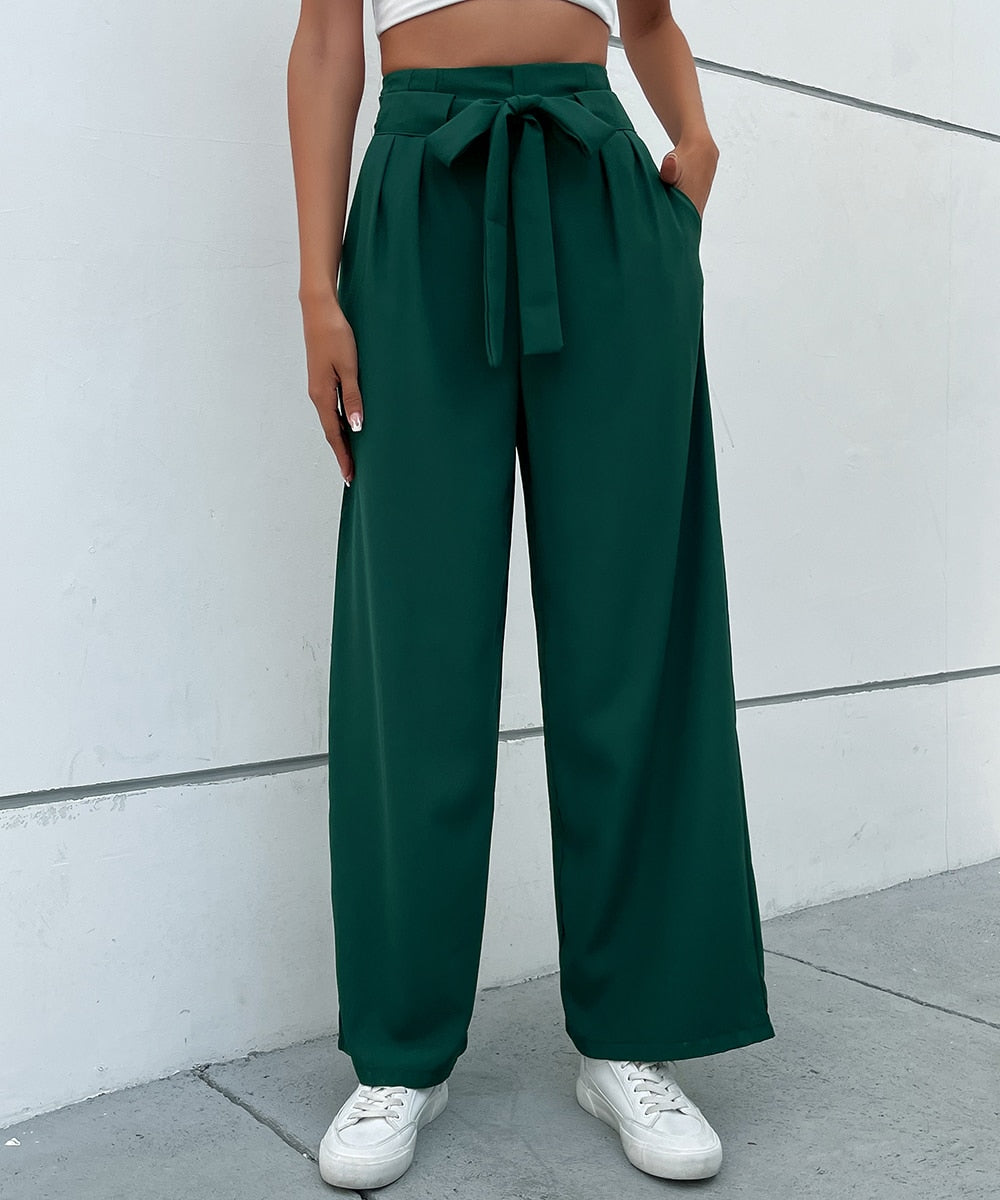Solid Pleat Front Elegant Belted Pants