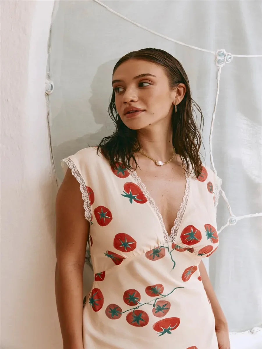 V-neck Lace-up Sleeveless Floral Dress