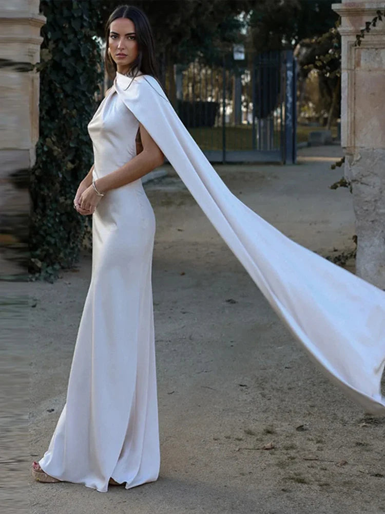 Satin Scarf Collar Halter Maxi Dress