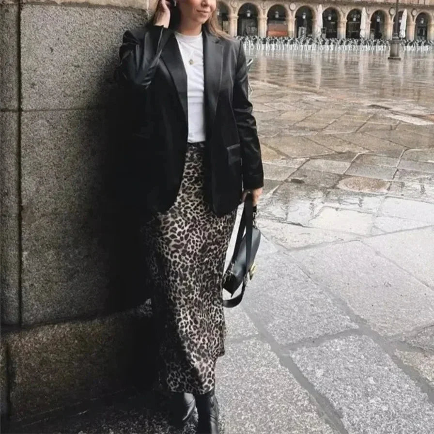 Jain Dark Leopard Print Satin Maxi Skirt