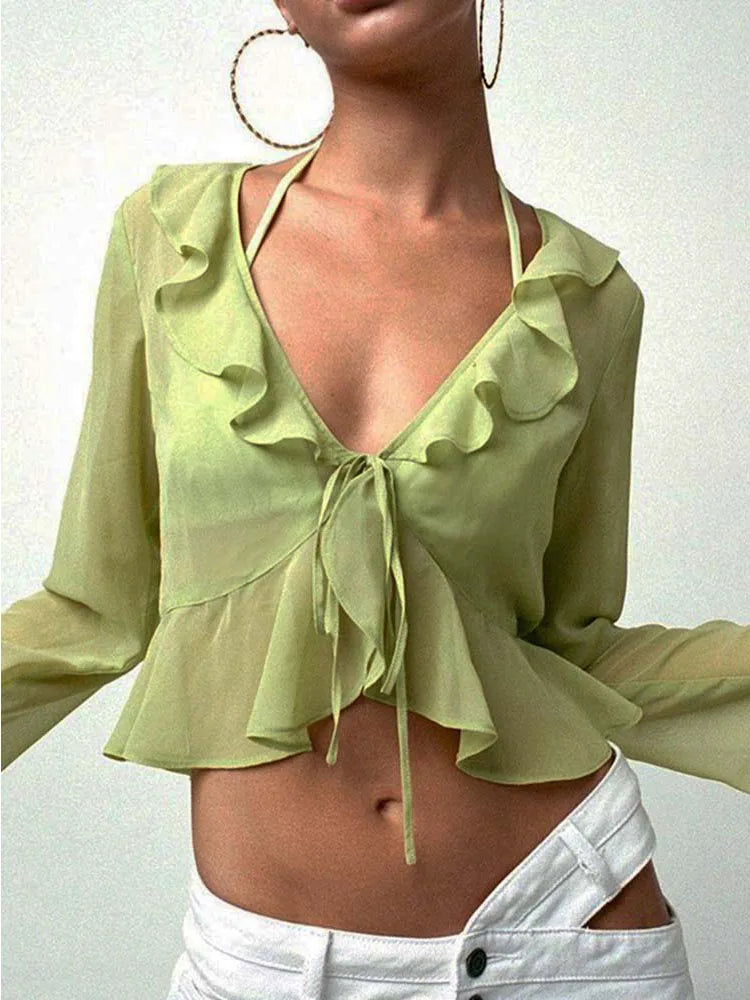 Ruffled Green Chiffon Lace Sheer Top