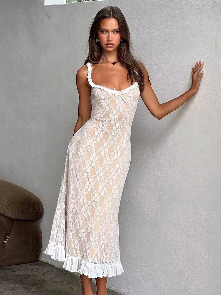 Clydie Lace Mesh Bodycon Midi Dress