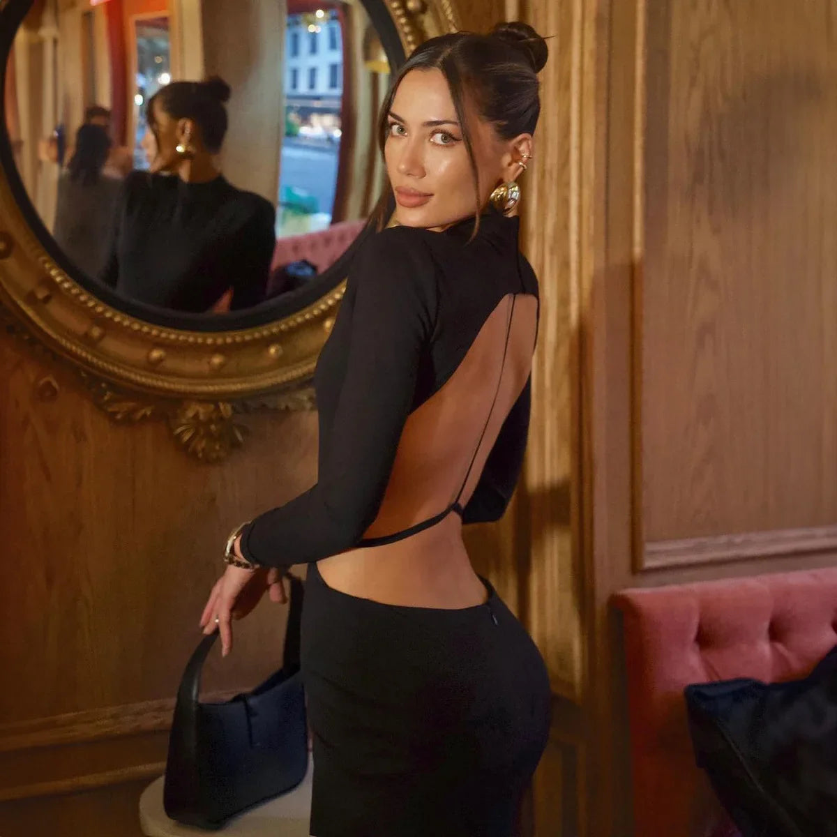 Backless Bandage Long Sleeve Mini Dress