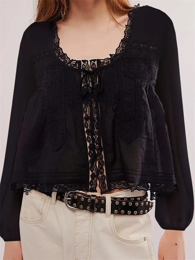 Long Sleeve Loose Casual Lace Patchwork Blouse