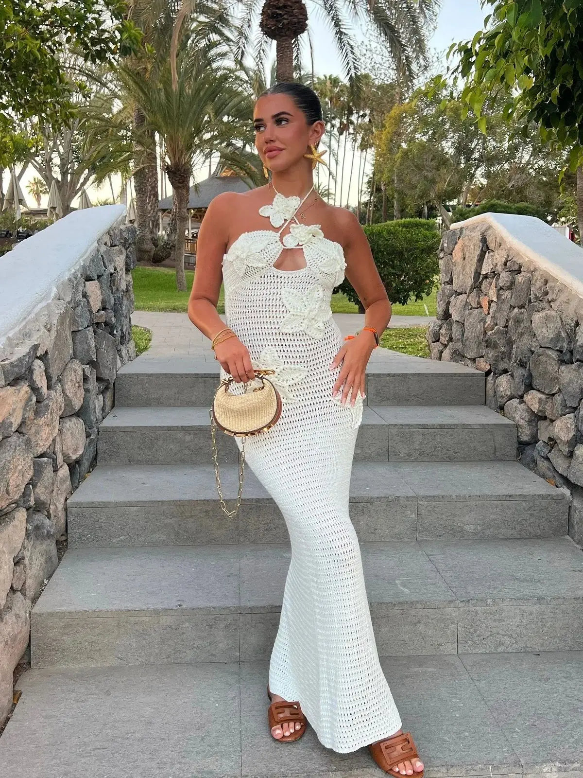 3D Flower Halter Hollow Floral Dress