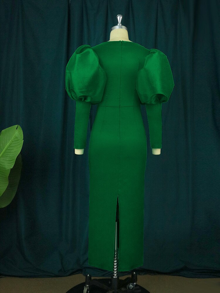Green Long Dresses Square Collar Lantern Sleeve Evening Party Gowns