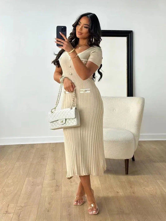 V-Neck Knitted Short Sleeve Button Work Dress