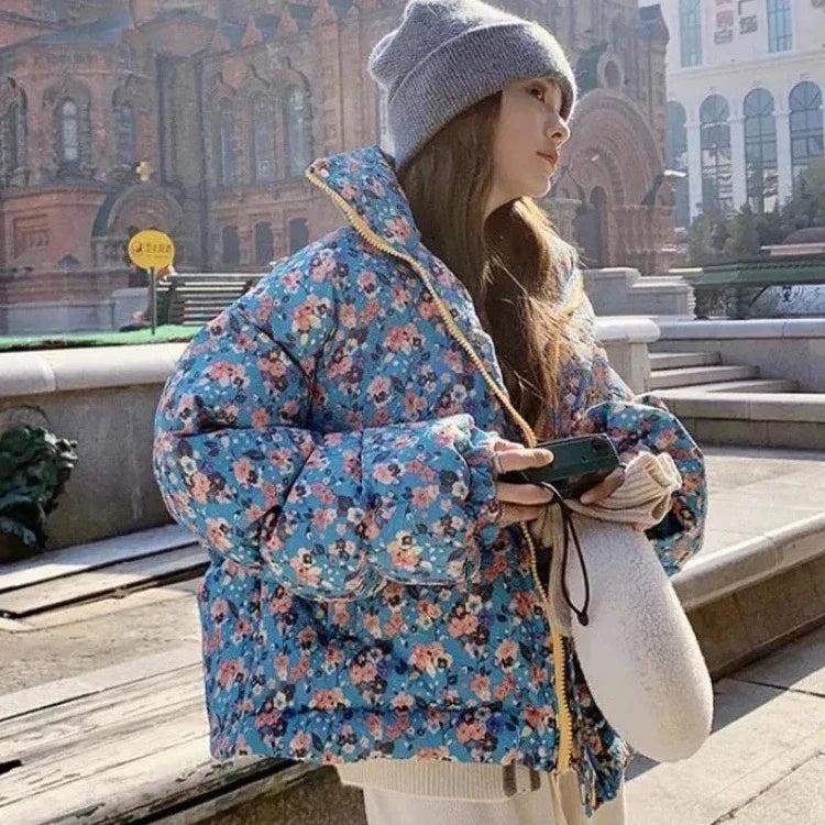 Addie Blue Vintage Floral Puffer Jacket