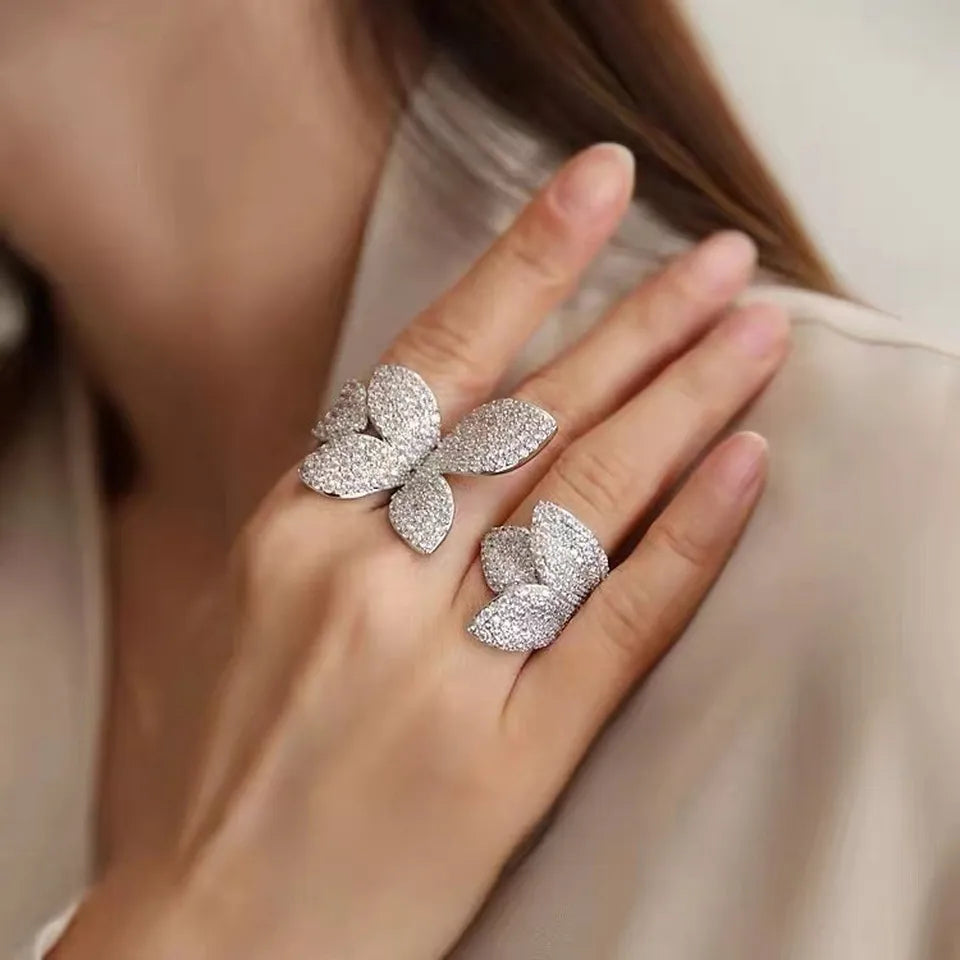 Rhinestone Flower Leaf Cocktail Rings