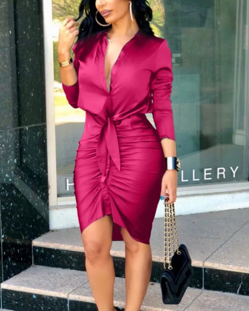 Deep V Neck Long Sleeve Bodycon Work Dress