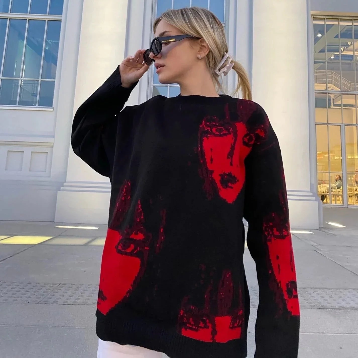 Scarlett Oversized Face Prints Harajuku Knit Sweater