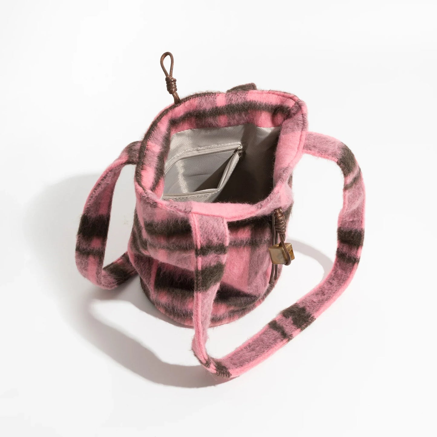 Pink Plaid Woolen Sling Bucket Bag