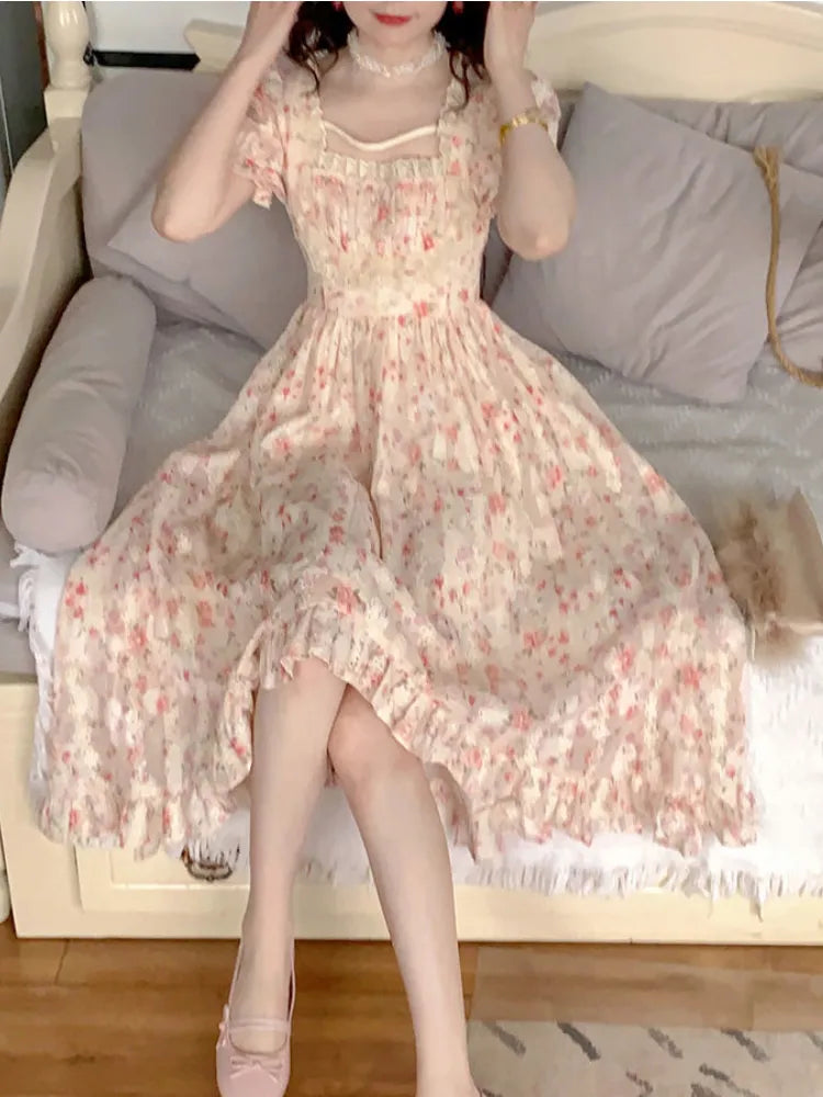 Elegant Lolita Party Korean Fashion Holiday Floral Dress