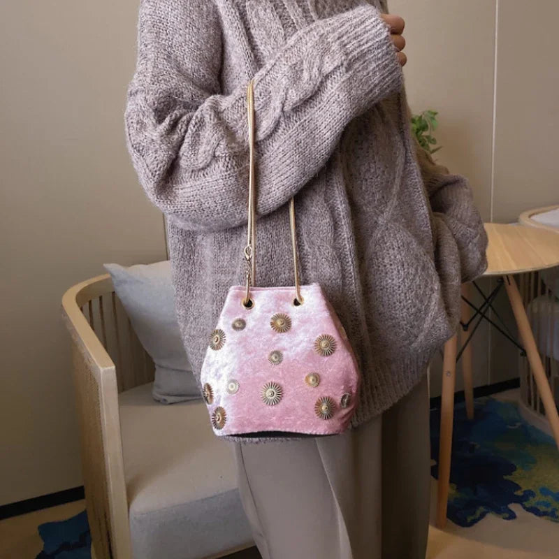 Embellished Crushed Velvet Pouch Bag