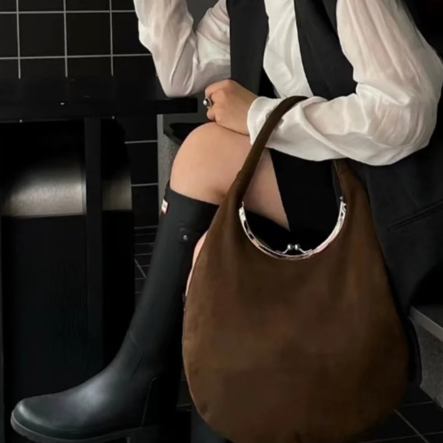 Maelle Oval Handle Suede Hobo Bag