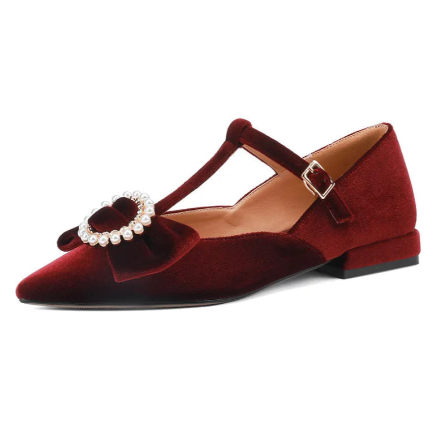 Sine Pearl Buckle Bow Velvet Mary Jane Flats