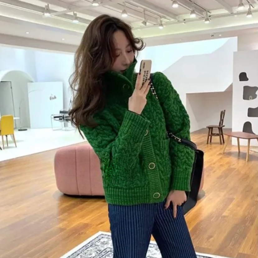 Sorcha Green Twist Cable Knit Vintage Cardigan