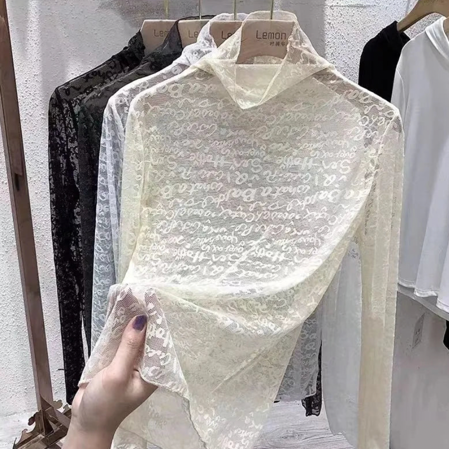 Letter Prints Sheer Turtleneck Tops