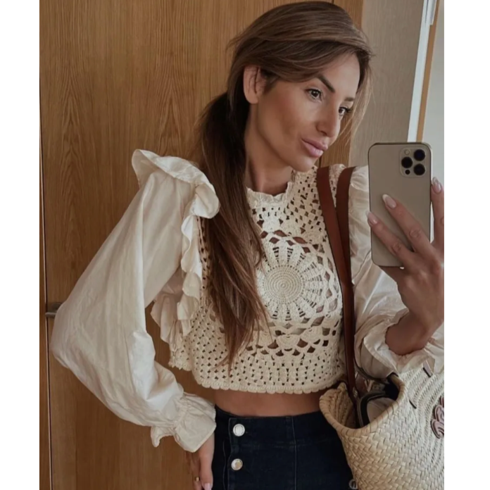 Zelda Crochet Patchwork Ruffle Blouse