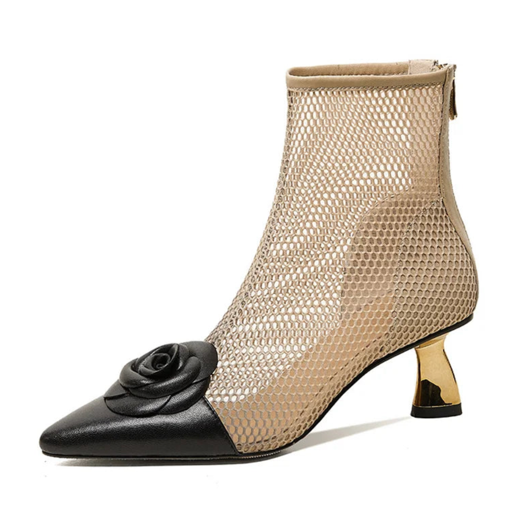 Francis Flower Corsage Cap Toe Mesh Ankle Boots