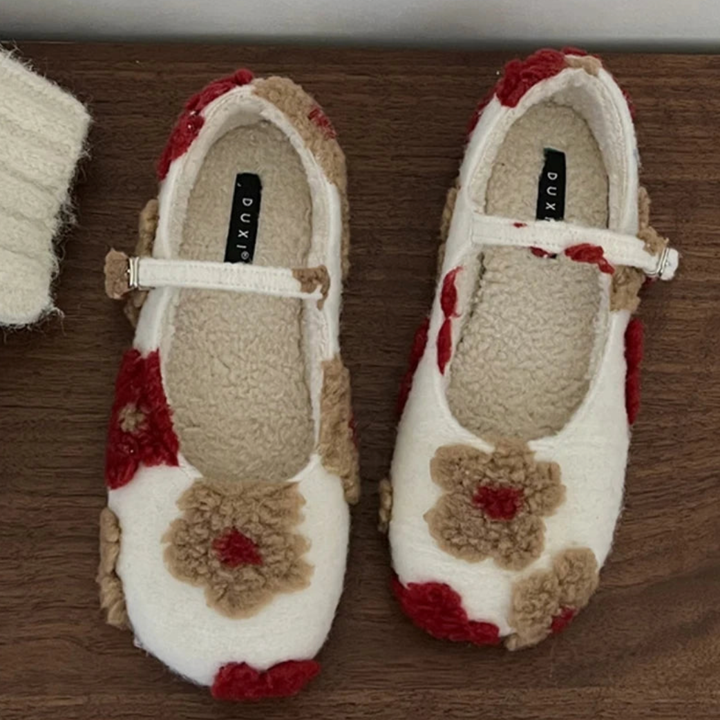 Lorie Vintage Floral Faux Fur Ballet Flats