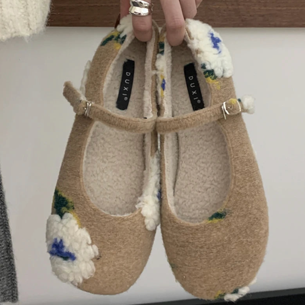 Lorie Vintage Floral Faux Fur Ballet Flats