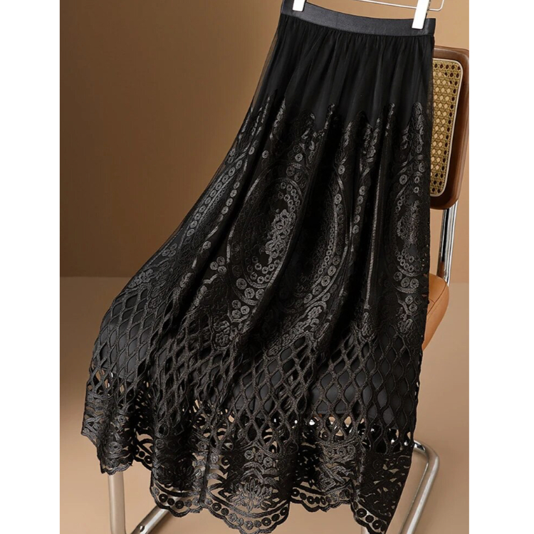 Wylla Metallic Embroidery Lace Tulle Midi Skirt