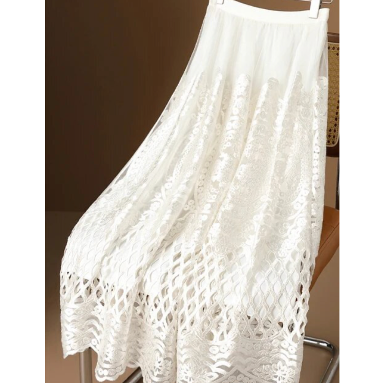 Wylla Metallic Embroidery Lace Tulle Midi Skirt