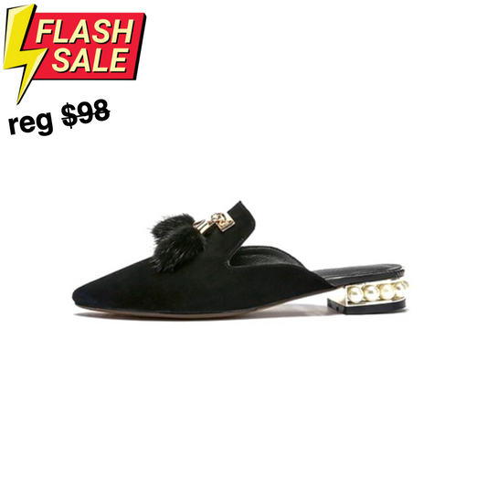Fur Tassel Suede Mules - Black 36/US 6