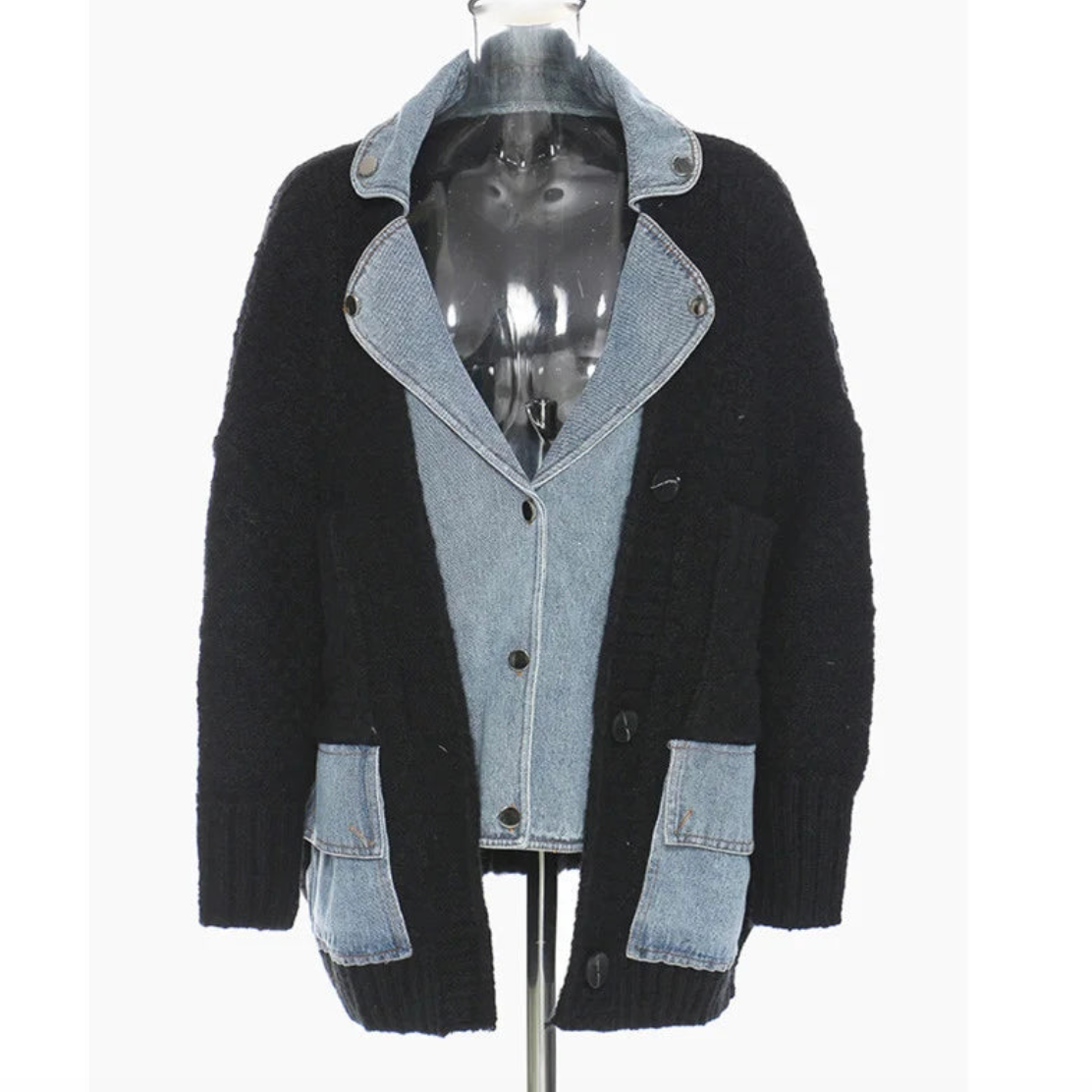 Yuke Denim Shirt Patchwork Grey Cardigan Jacket