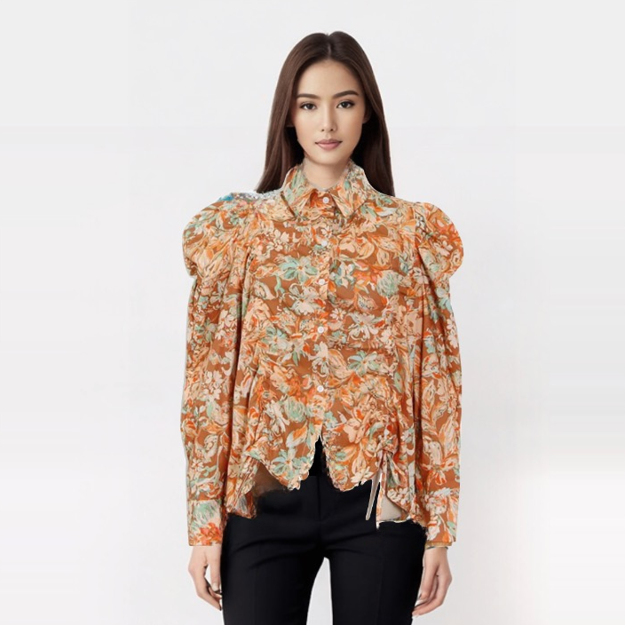 Carolina Spring Floral Puff Sleeve Shirring Blouse
