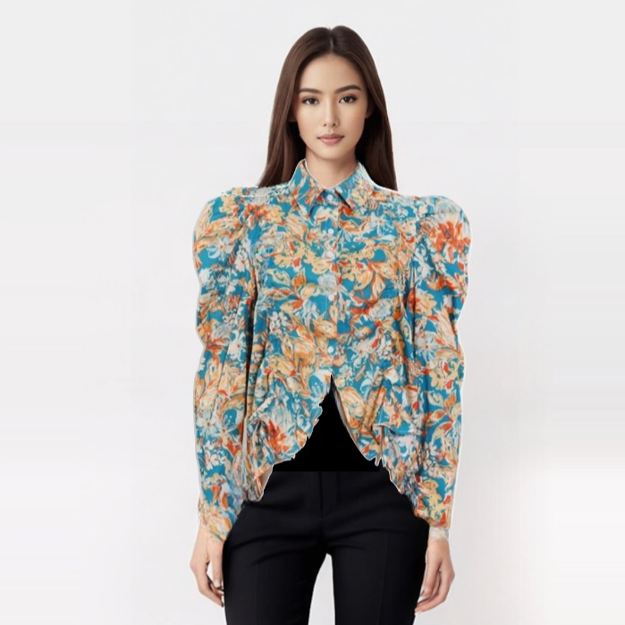 Carolina Spring Floral Puff Sleeve Shirring Blouse