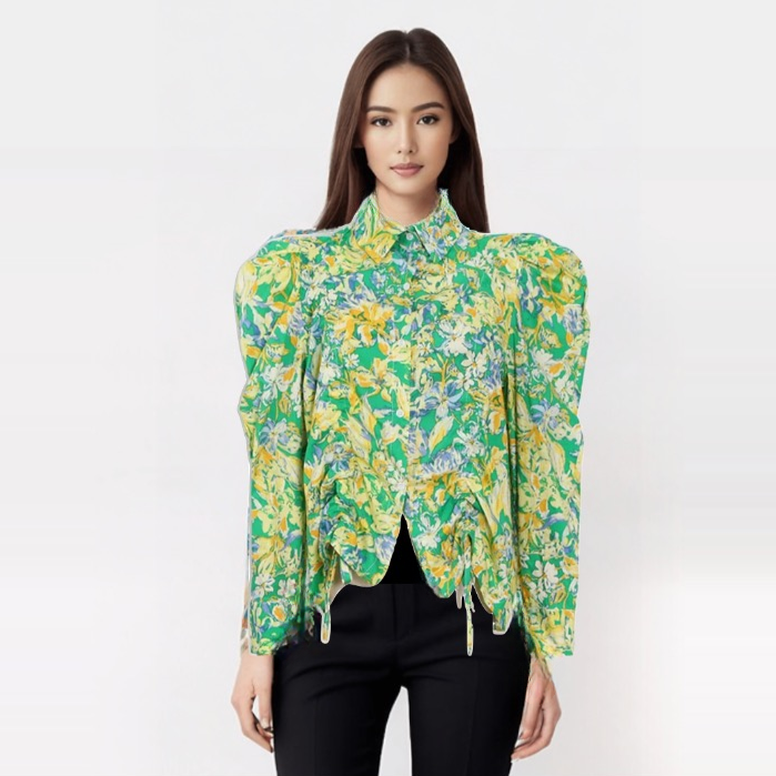 Carolina Spring Floral Puff Sleeve Shirring Blouse
