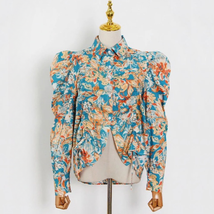 Carolina Spring Floral Puff Sleeve Shirring Blouse