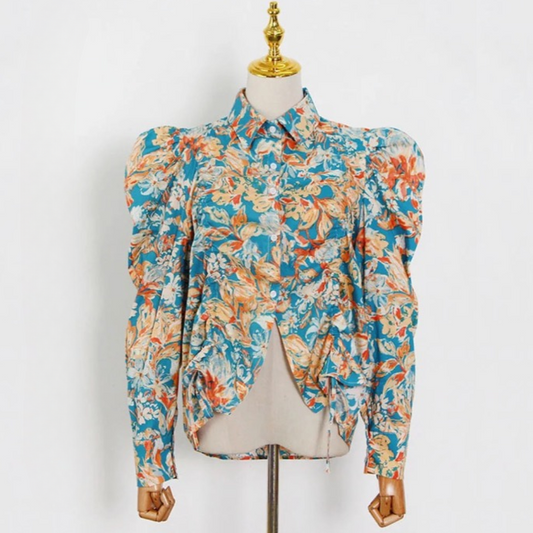 Carolina Spring Floral Puff Sleeve Shirring Blouse