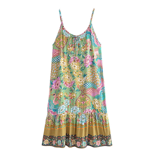Vintage Boho Floral Print Spaghetti Strap Dress