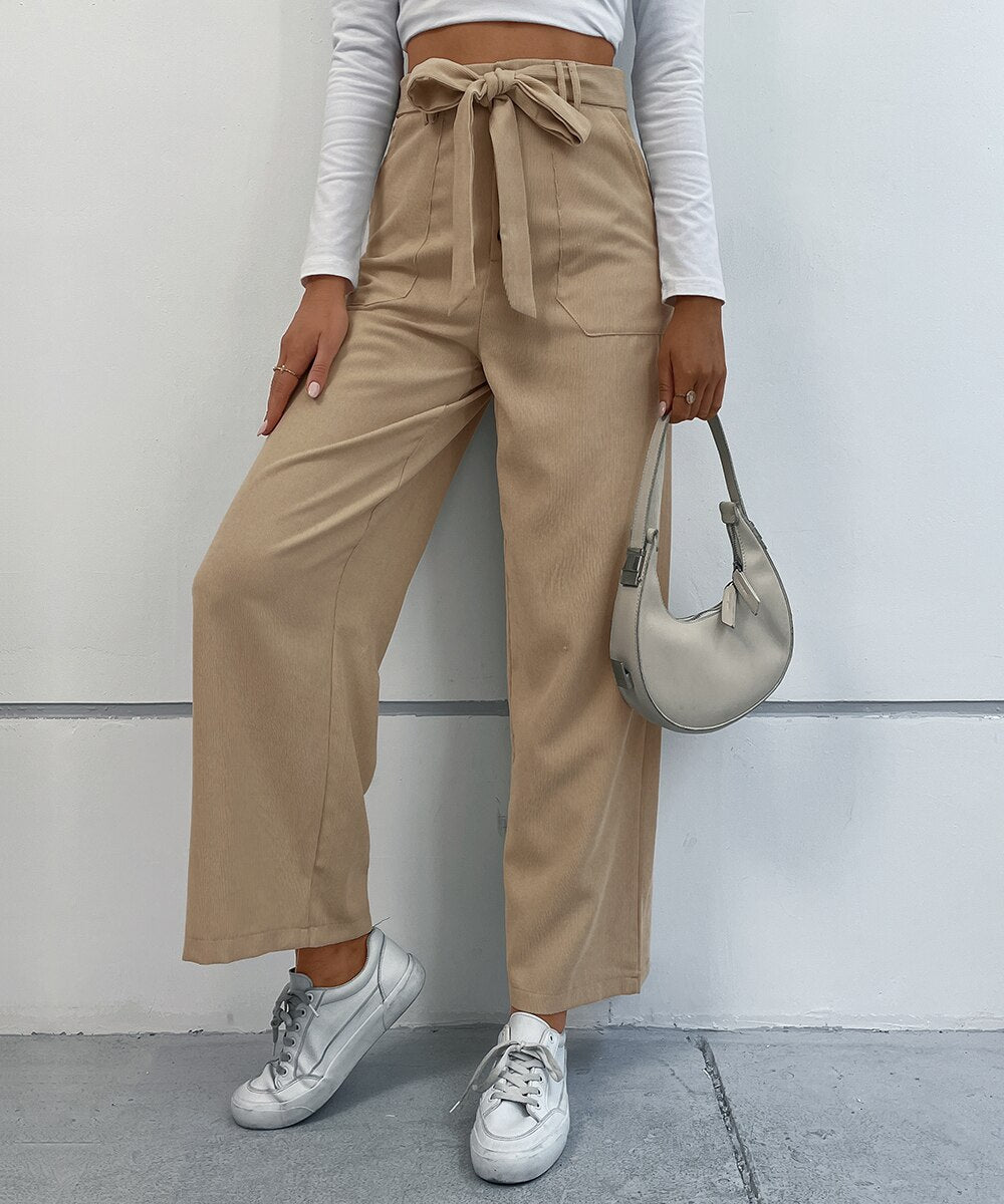 Solid Corduroy Belted Wide Leg Pants