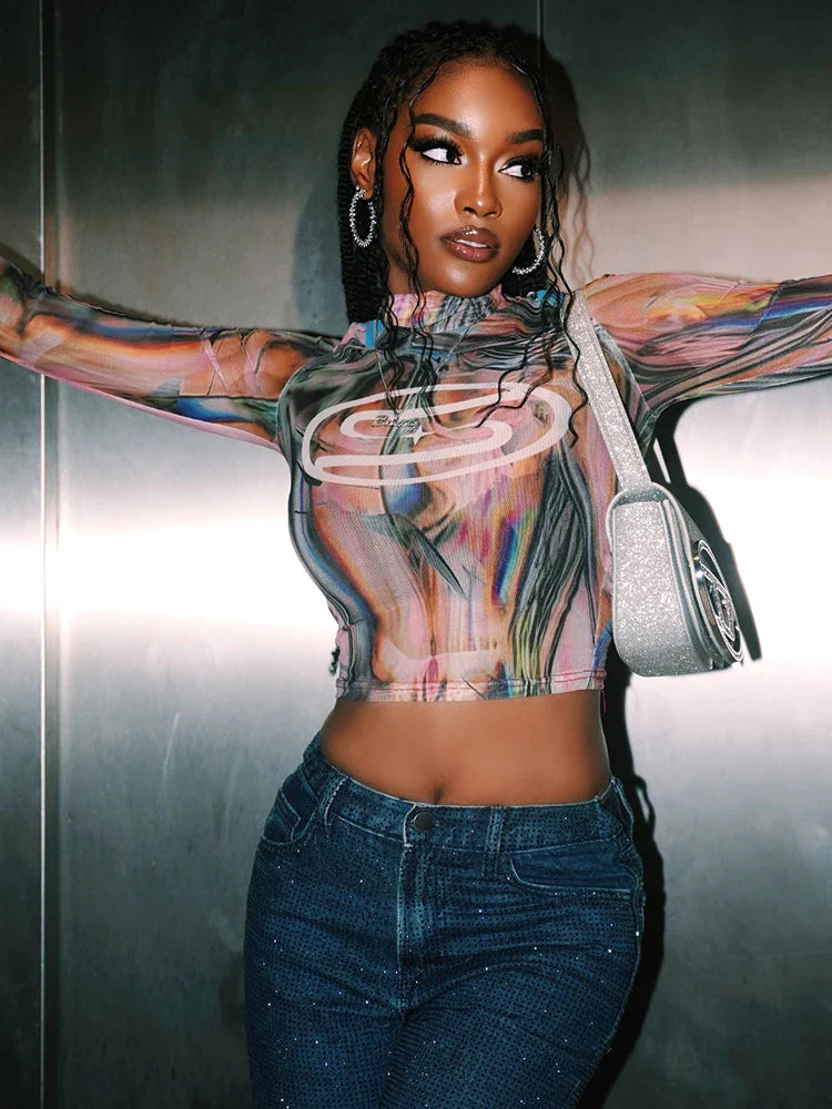 Tie Dye Print Long Sleeve Sheer Top