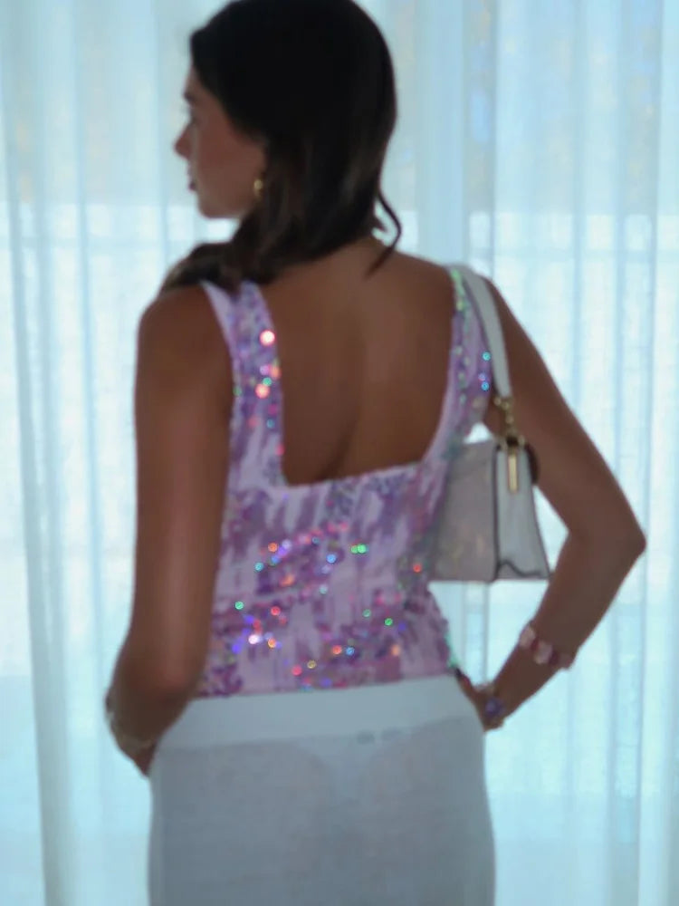 Beyprern Sequin Slim Deep V Cami Top