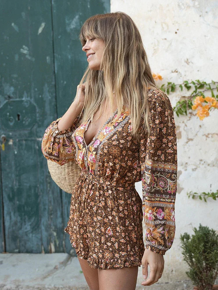 Bodil Bohemian Vintage Brown Floral Romper