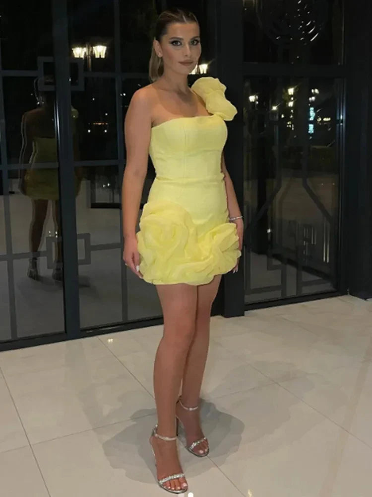 Yellow Satin Slim Fit Mini Party Dress