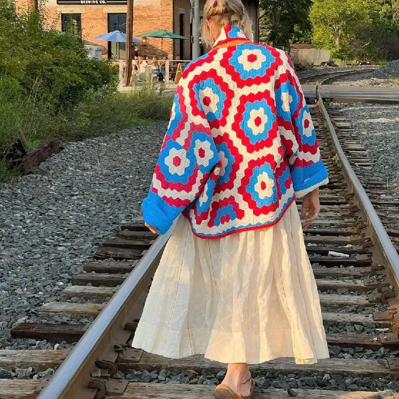 Taylee Geometric Retro Flower Print Quilted Blanket Half Coat
