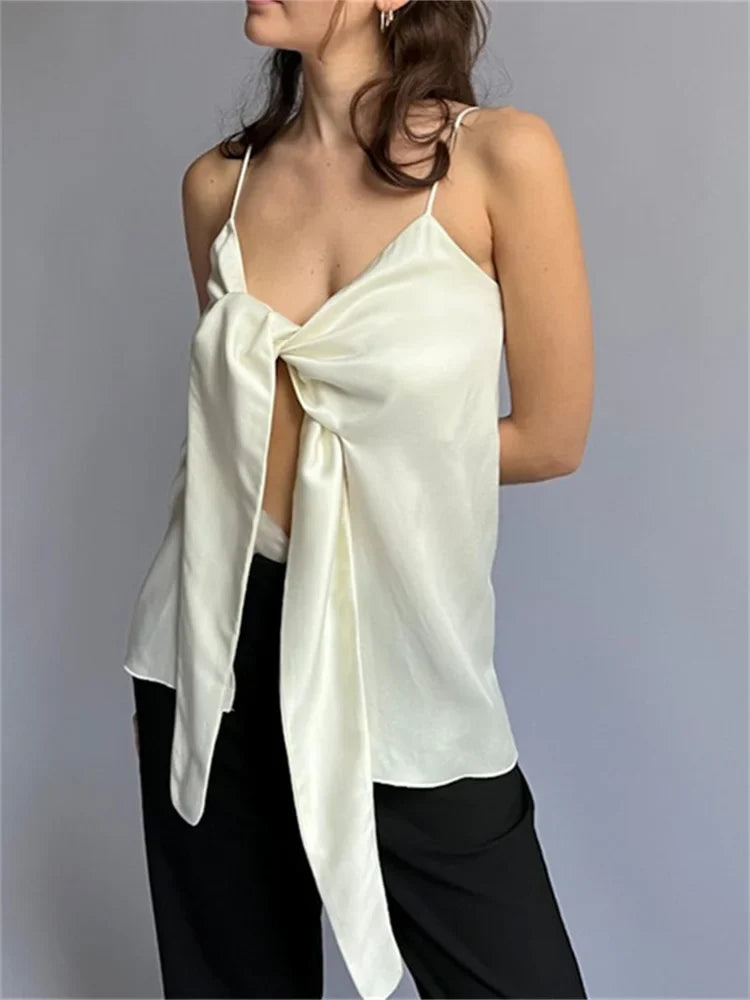 Female Summer Solid Strap Tie Up Irregular Vest Y2K Retro V-neck Party Off Shoulder Backless Cropped Crop Top