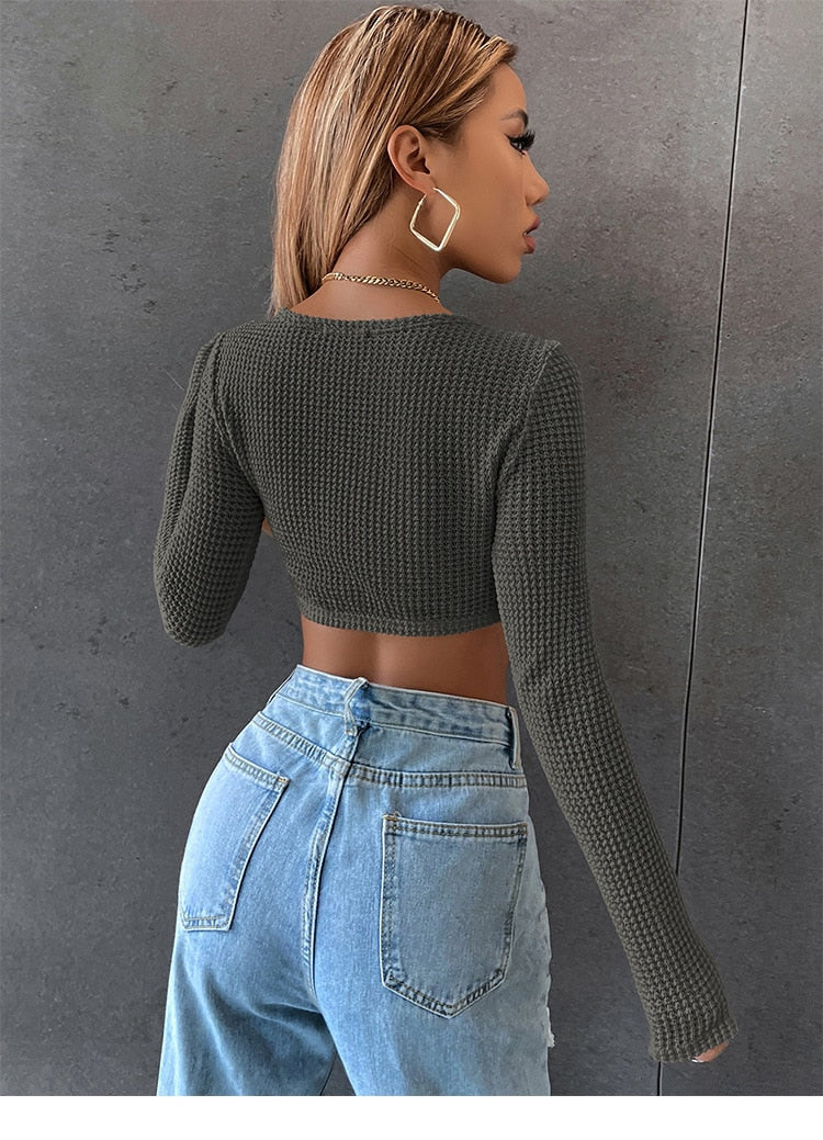 Long Sleeve Square Neck Knitted Crop Top Y2k T Shirts