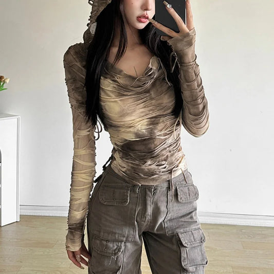 Tie Dye Ripped Hooded Sheer Top