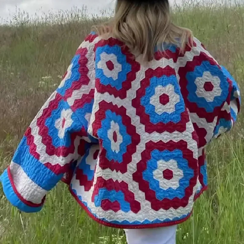 Taylee Geometric Retro Flower Print Quilted Blanket Half Coat