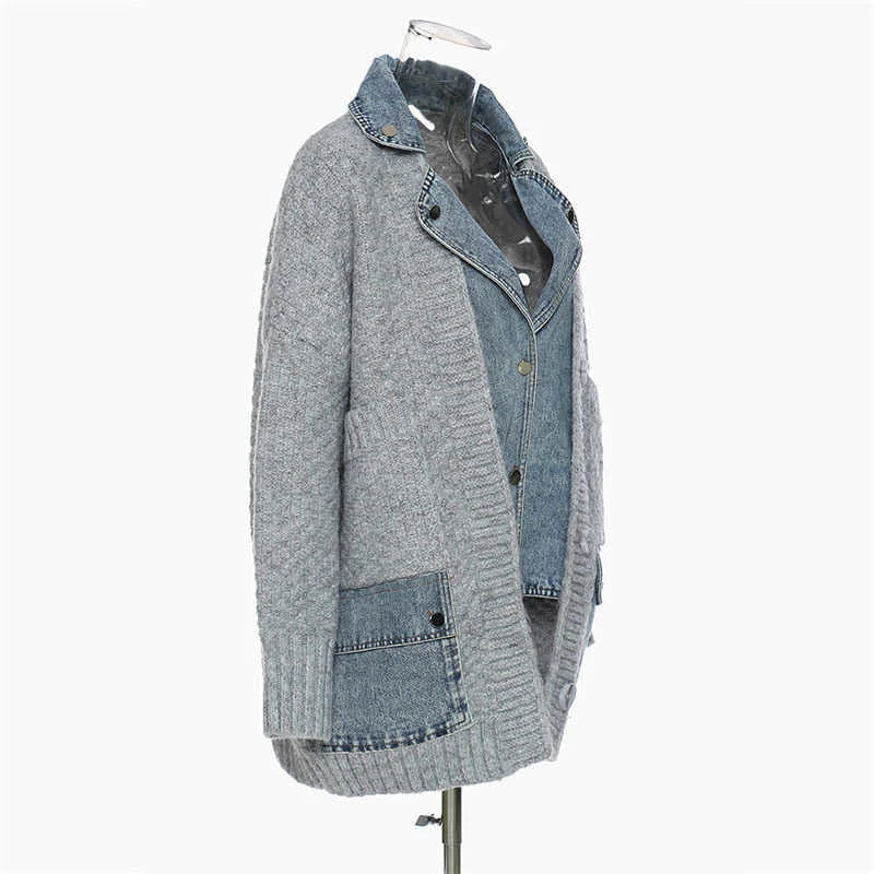 Yuke Denim Shirt Patchwork Grey Cardigan Jacket
