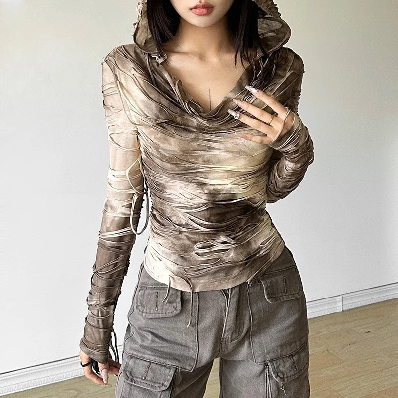 Tie Dye Ripped Hooded Sheer Top